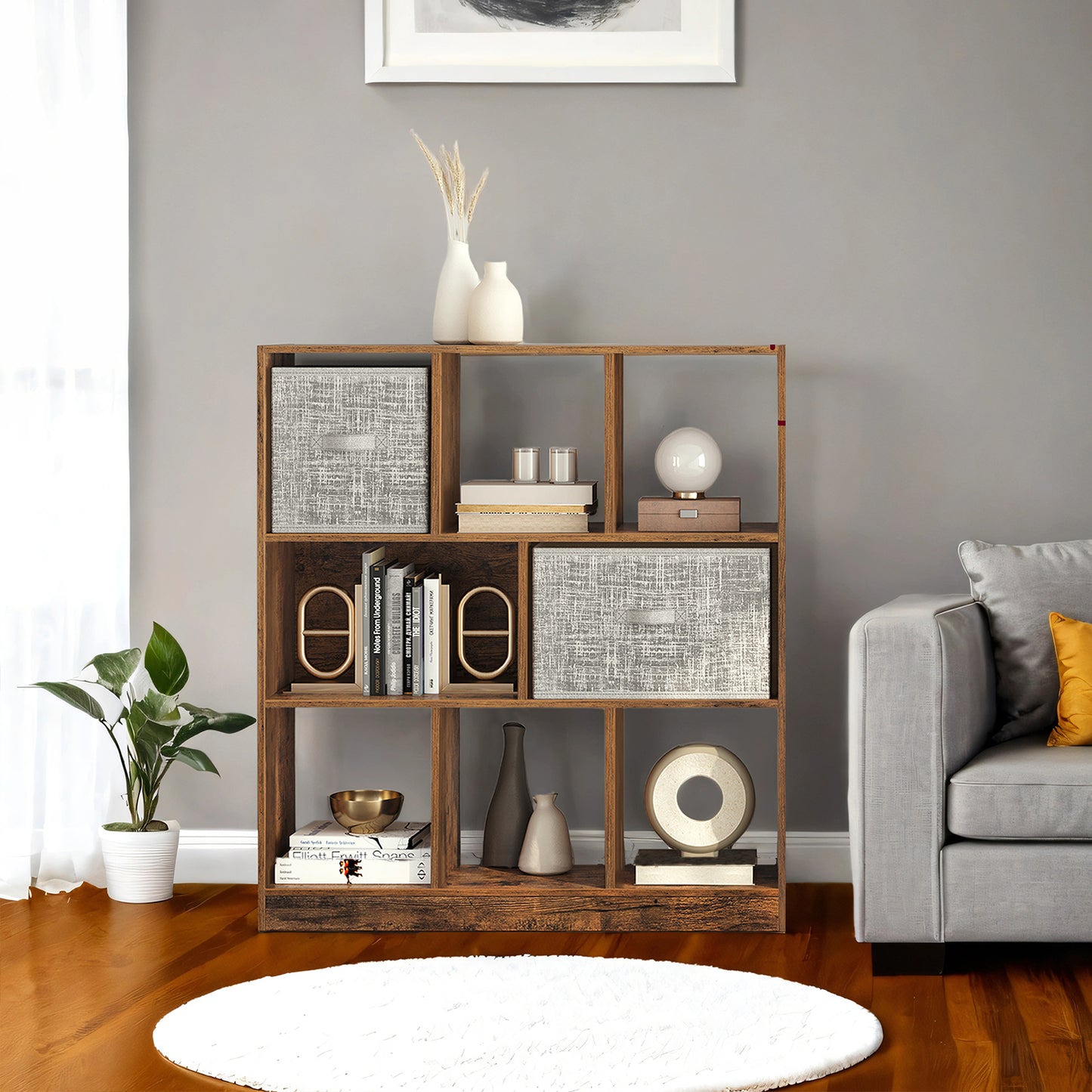 Freestanding Bookcase, 8-Tier Storage Shelf with Open Compartments, Multi-Directional Use, for Living Room, Study, Office, Holds 33lb per Shelf, Rustic Brown