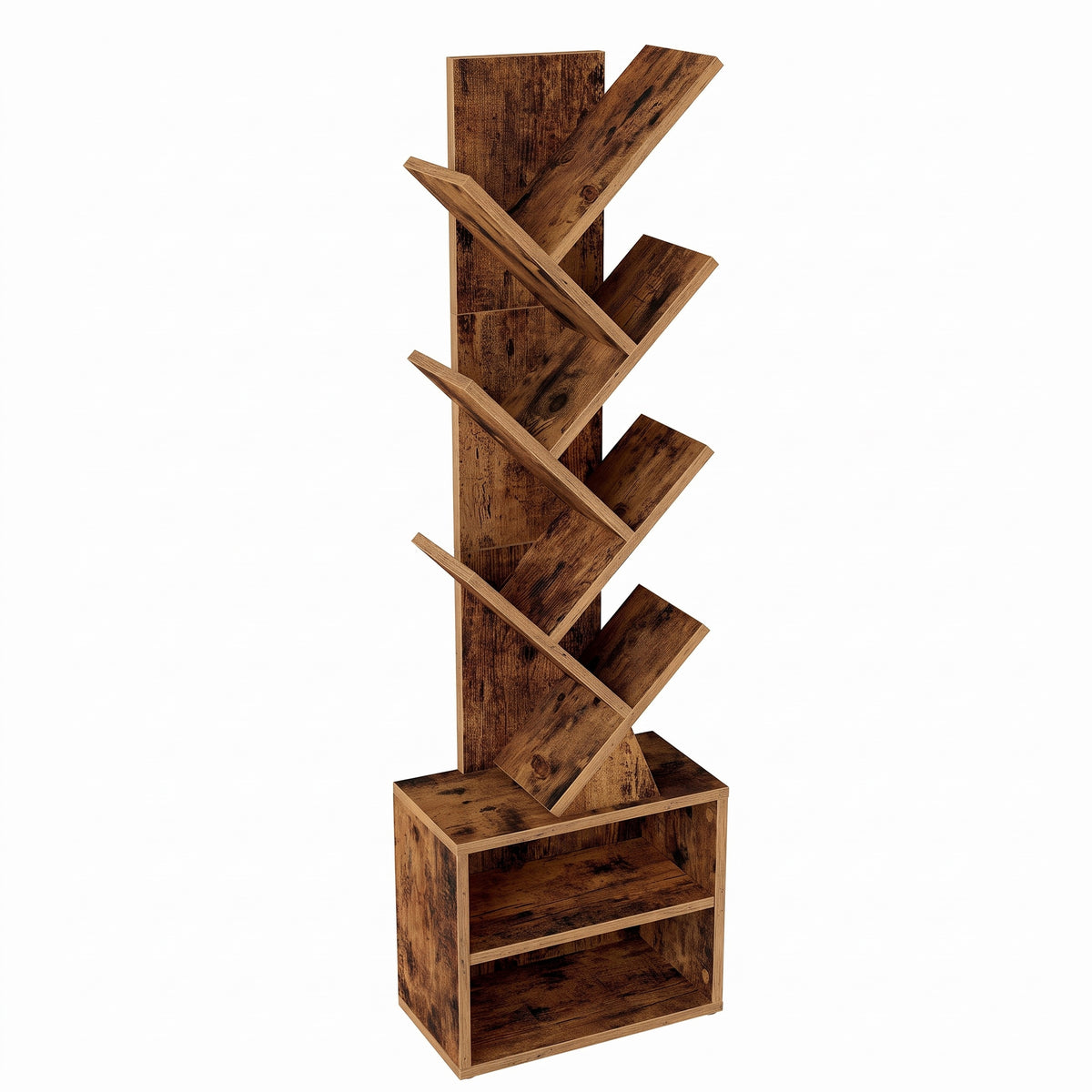 LEDREM 9-Tier Bookcase, Space-Saving Corner Shelf, Floor Standing Bookshelf for Home Office, Bedroom, Living Room, Tan