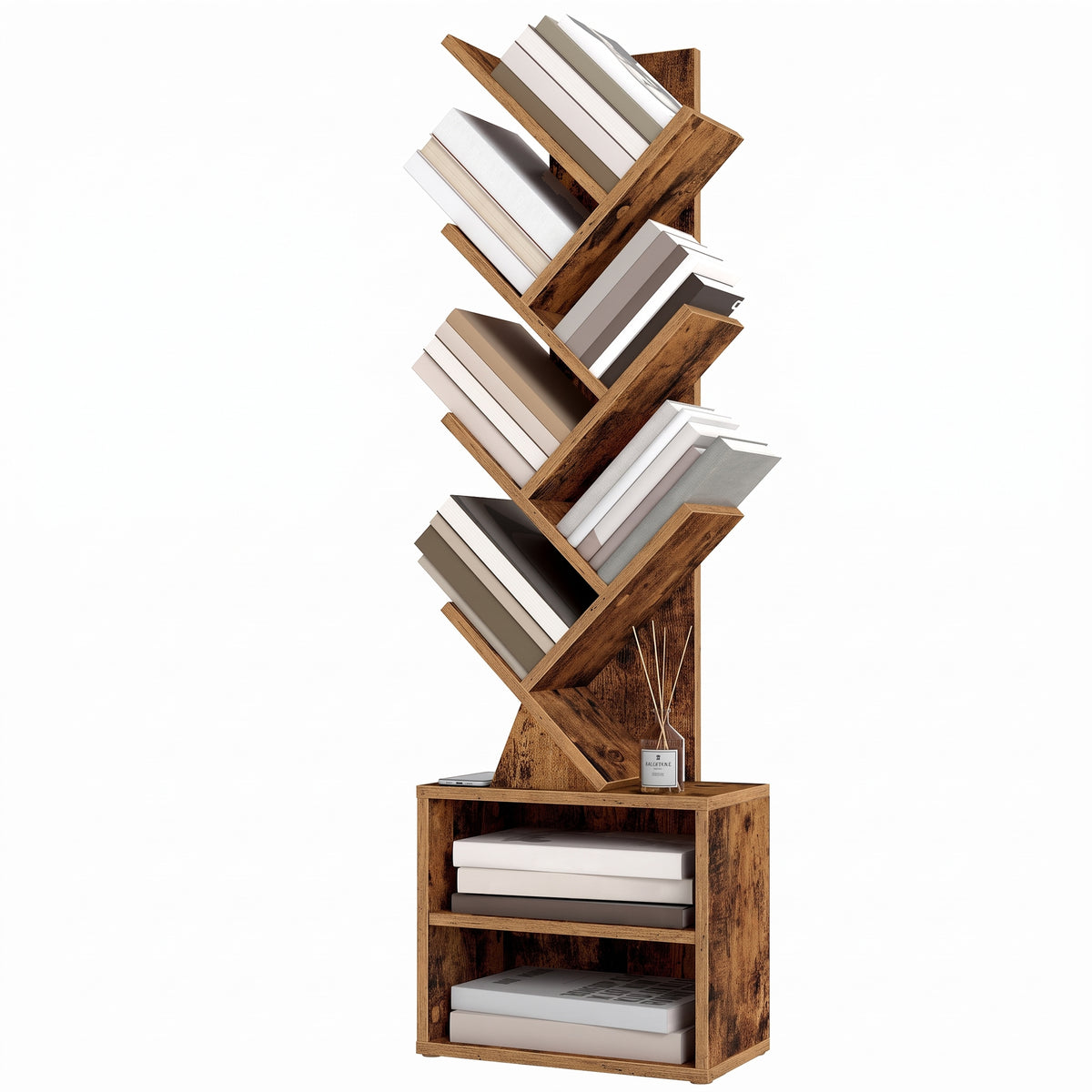 LEDREM 9-Tier Bookcase, Space-Saving Corner Shelf, Floor Standing Bookshelf for Home Office, Bedroom, Living Room, Tan