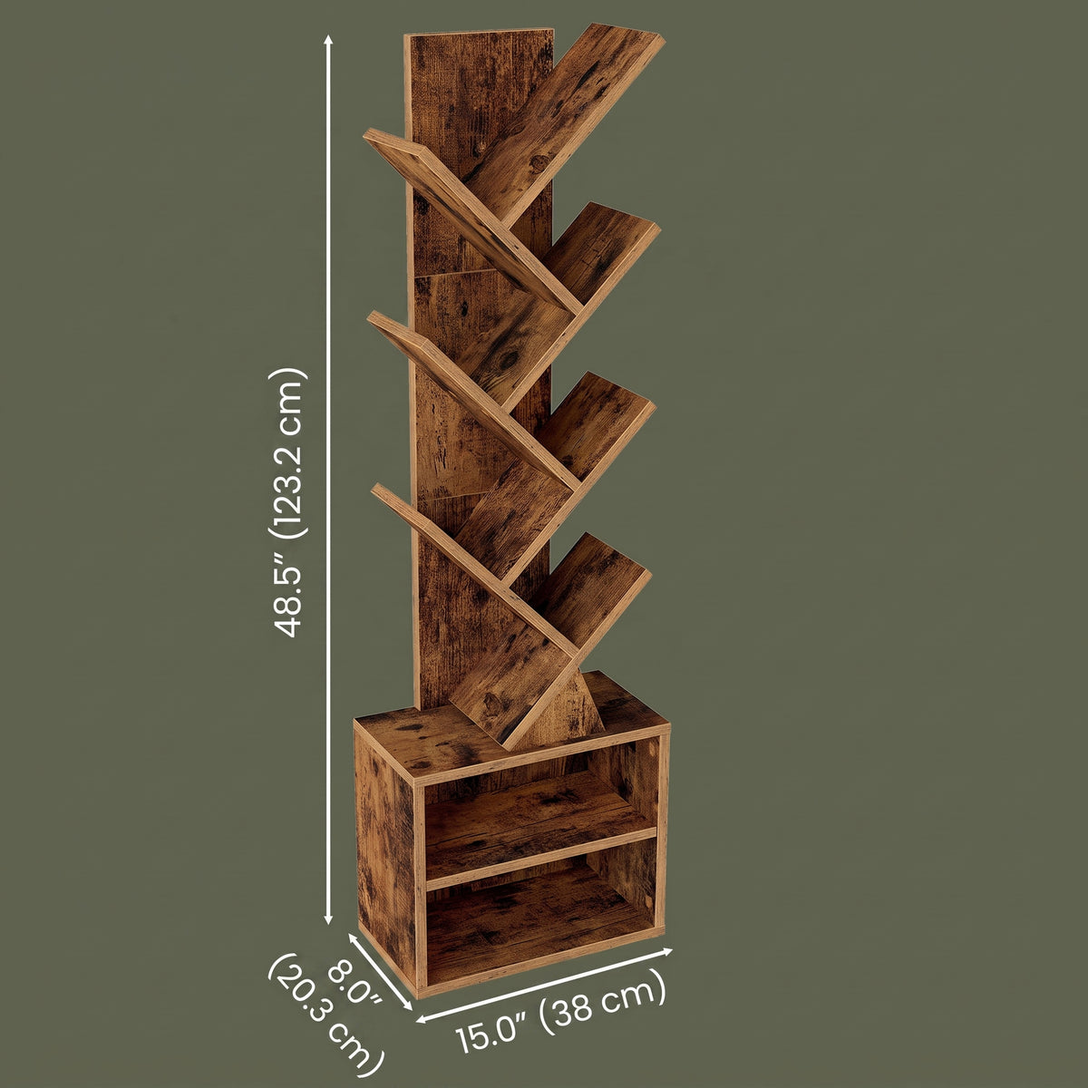 LEDREM 9-Tier Bookcase, Space-Saving Corner Shelf, Floor Standing Bookshelf for Home Office, Bedroom, Living Room, Tan