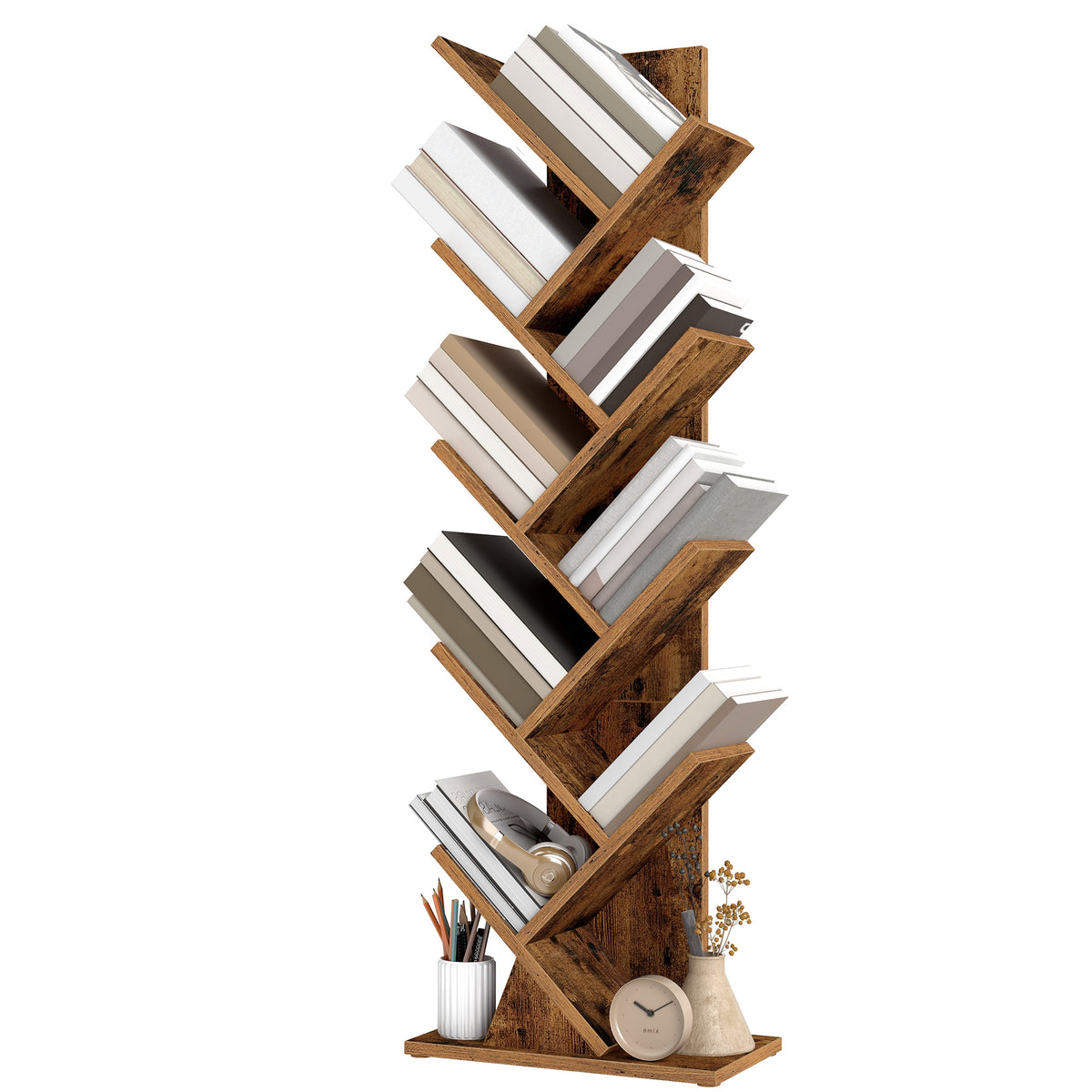 LEDREM 9-Tier Bookcase, Space-Saving Corner Shelf, Floor Standing Bookshelf for Home Office, Bedroom, Living Room, Tan