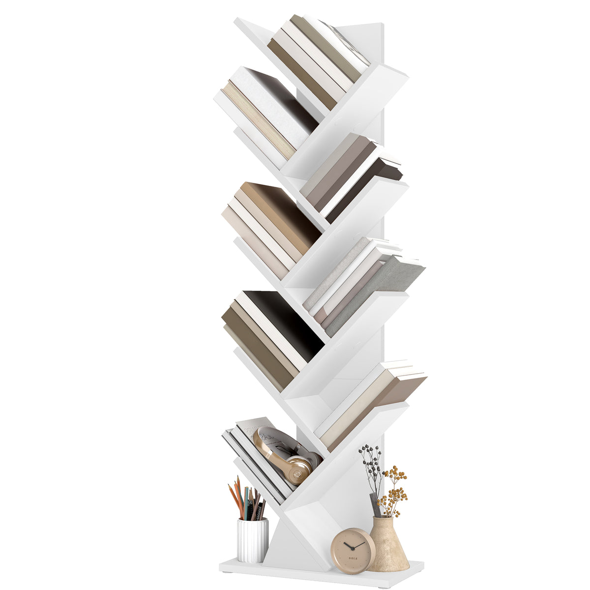 LEDREM 9-Tier Bookcase, Space-Saving Corner Shelf, Floor Standing Bookshelf for Home Office, Bedroom, Living Room, White