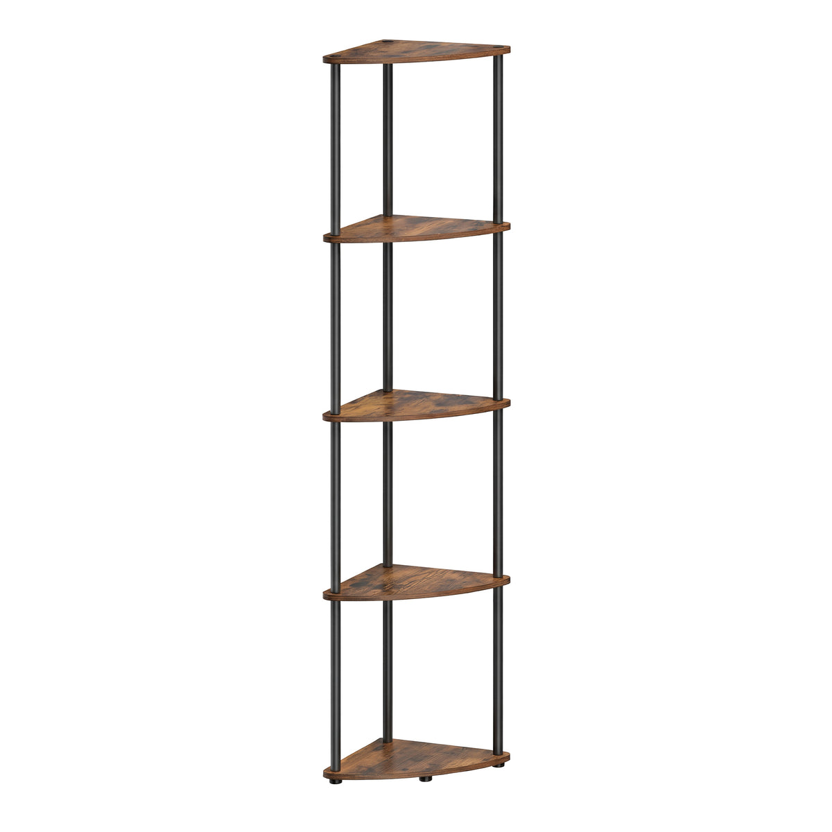 LEDREM Corner Bookcase, 5-Tier Storage Shelf, Freestanding Corner Rack for Living Room, Bedroom, Kitchen, Tan and Black