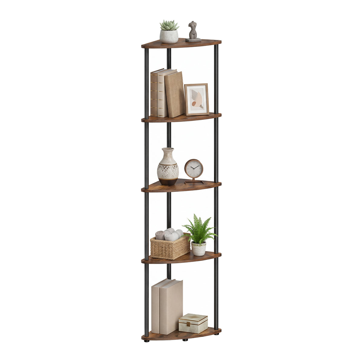 LEDREM Corner Bookcase, 5-Tier Storage Shelf, Freestanding Corner Rack for Living Room, Bedroom, Kitchen, Tan and Black