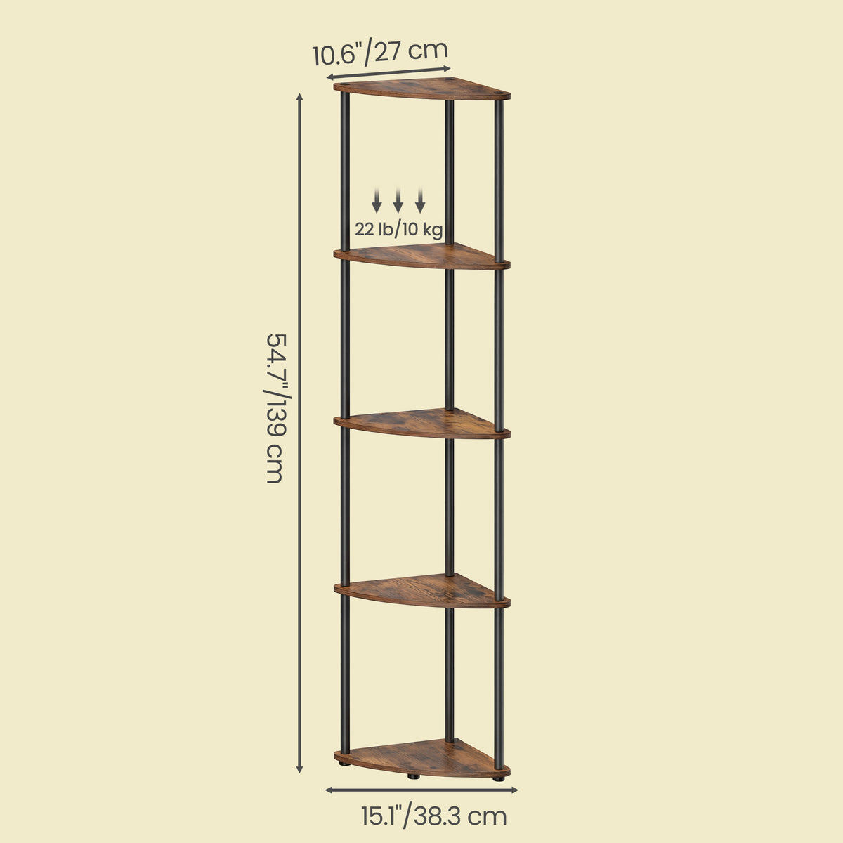 LEDREM Corner Bookcase, 5-Tier Storage Shelf, Freestanding Corner Rack for Living Room, Bedroom, Kitchen, Tan and Black