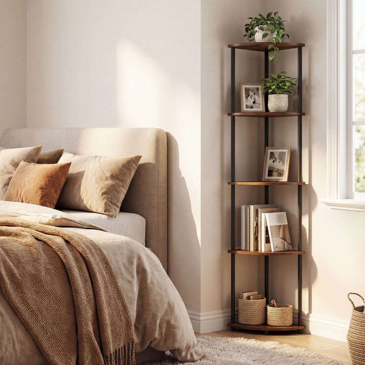 LEDREM Corner Bookcase, 5-Tier Storage Shelf, Freestanding Corner Rack for Living Room, Bedroom, Kitchen, Tan and Black