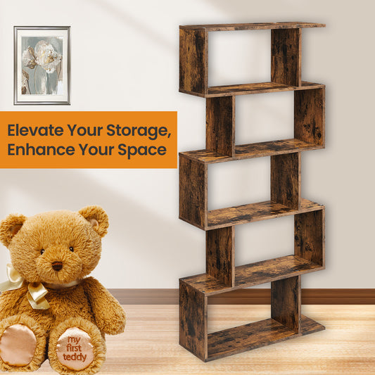 5-Tier Bookcase & Room Divider - Freestanding Storage Shelf for Home, Office, 27.6"L x 62.6"H, Decorative Display Shelving, Rustic Brown
