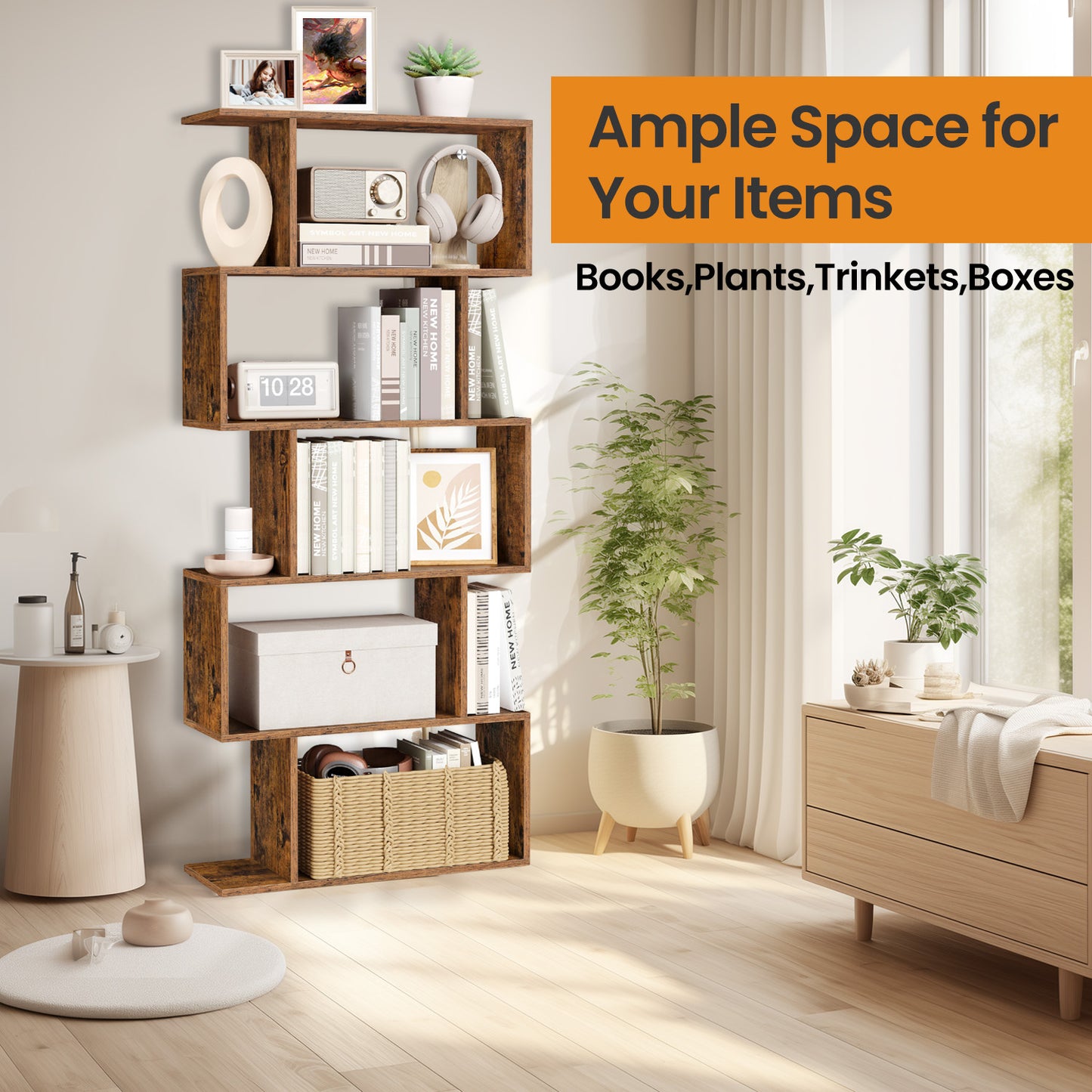 5-Tier Bookcase & Room Divider - Freestanding Storage Shelf for Home, Office, 27.6"L x 62.6"H, Decorative Display Shelving, Rustic Brown