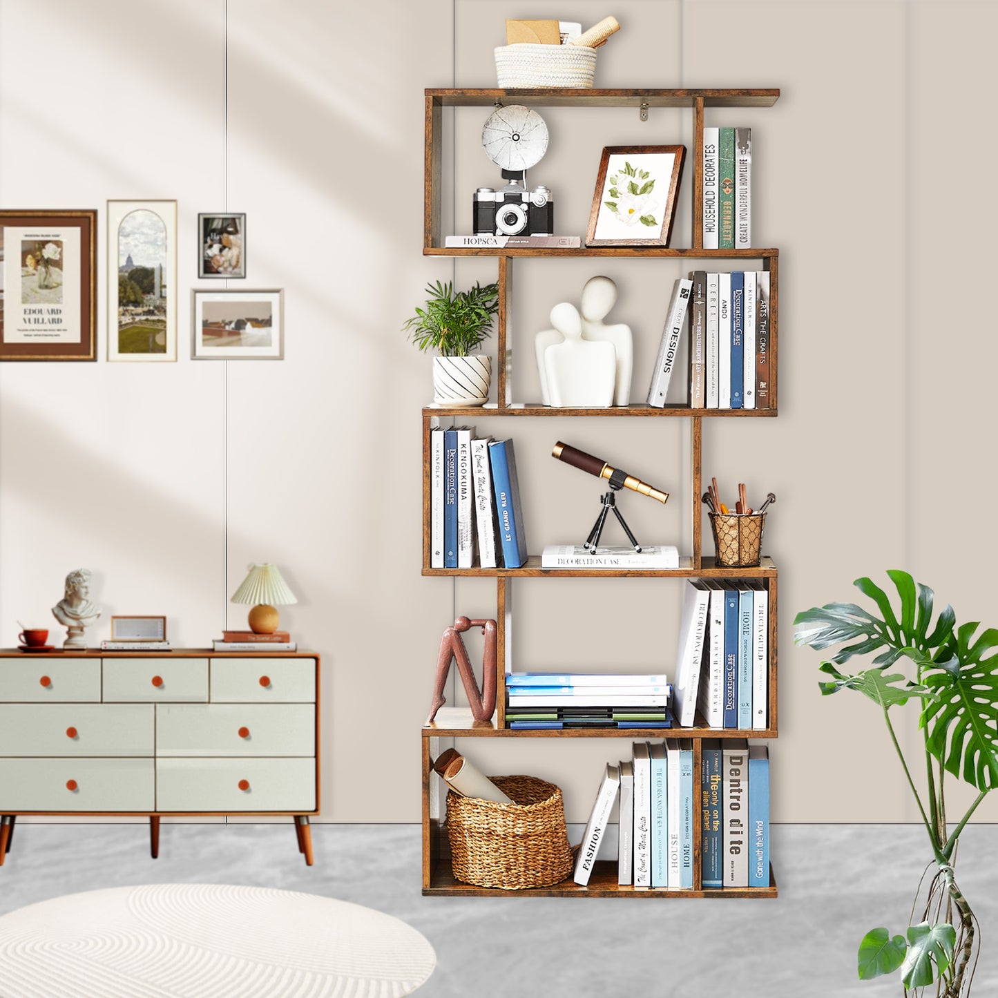 5-Tier Bookcase & Room Divider - Freestanding Storage Shelf for Home, Office, 27.6"L x 62.6"H, Decorative Display Shelving, Rustic Brown