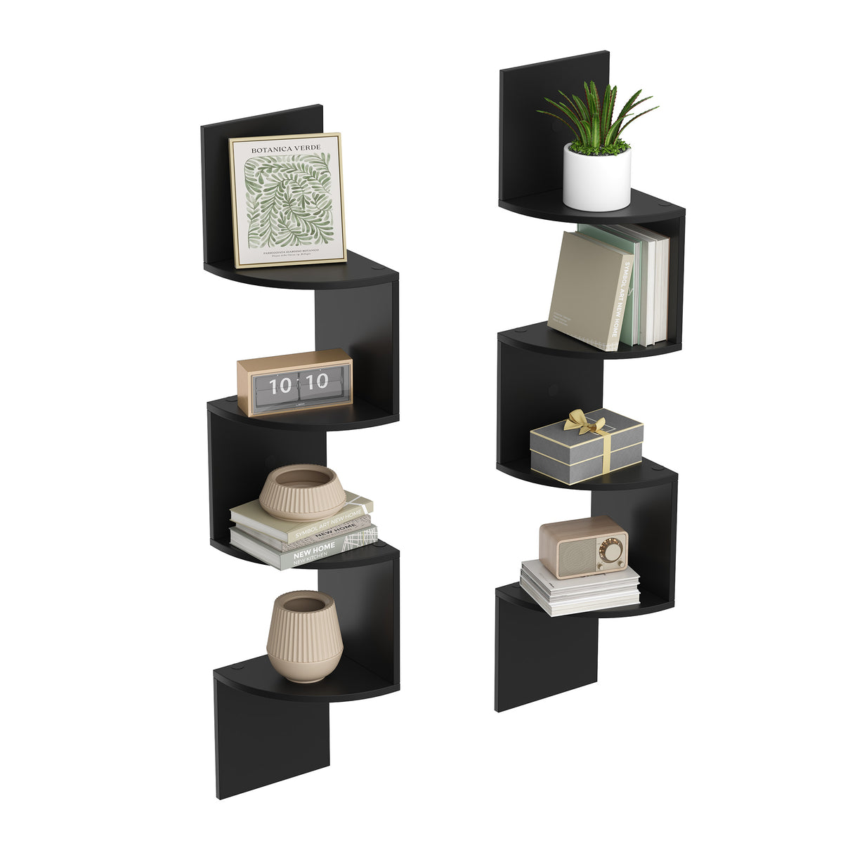 Set of 2 Wall-Mounted Corner Shelves, 4-Tier Floating Bookshelves, Zigzag Design for Bedroom Living Room Bathroom Home Office, Ink Black