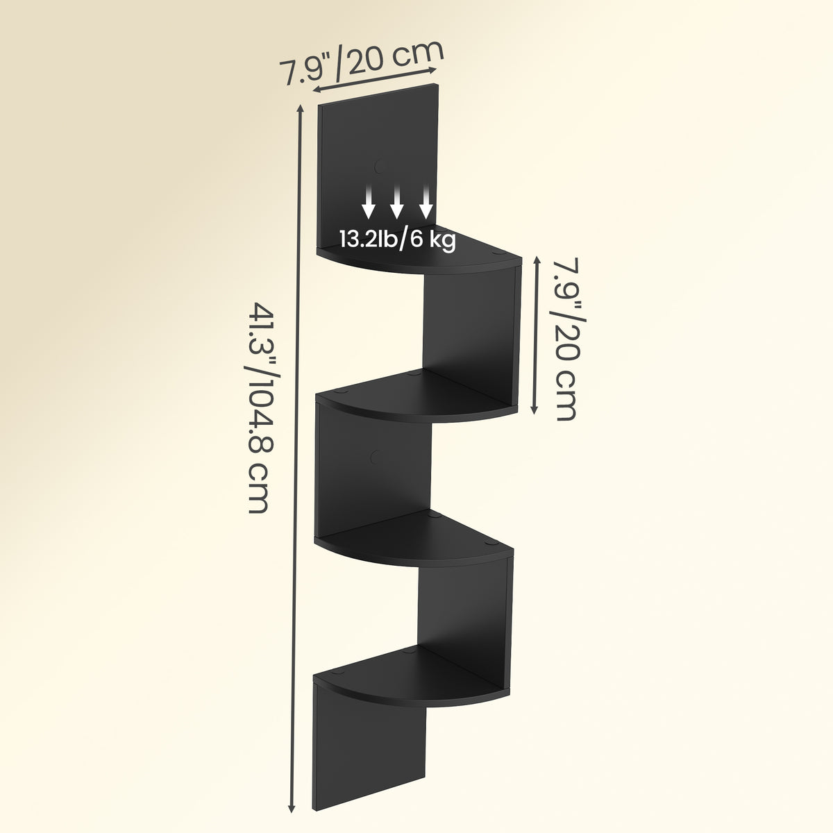 Set of 2 Wall-Mounted Corner Shelves, 4-Tier Floating Bookshelves, Zigzag Design for Bedroom Living Room Bathroom Home Office, Ink Black