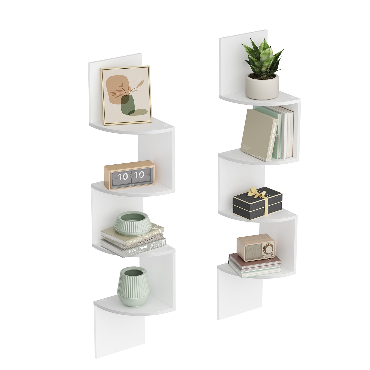 Set of 2 Wall-Mounted Corner Shelves, 4-Tier Floating Bookshelves, Zigzag Design for Bedroom Living Room Bathroom Home Office, Cloud White