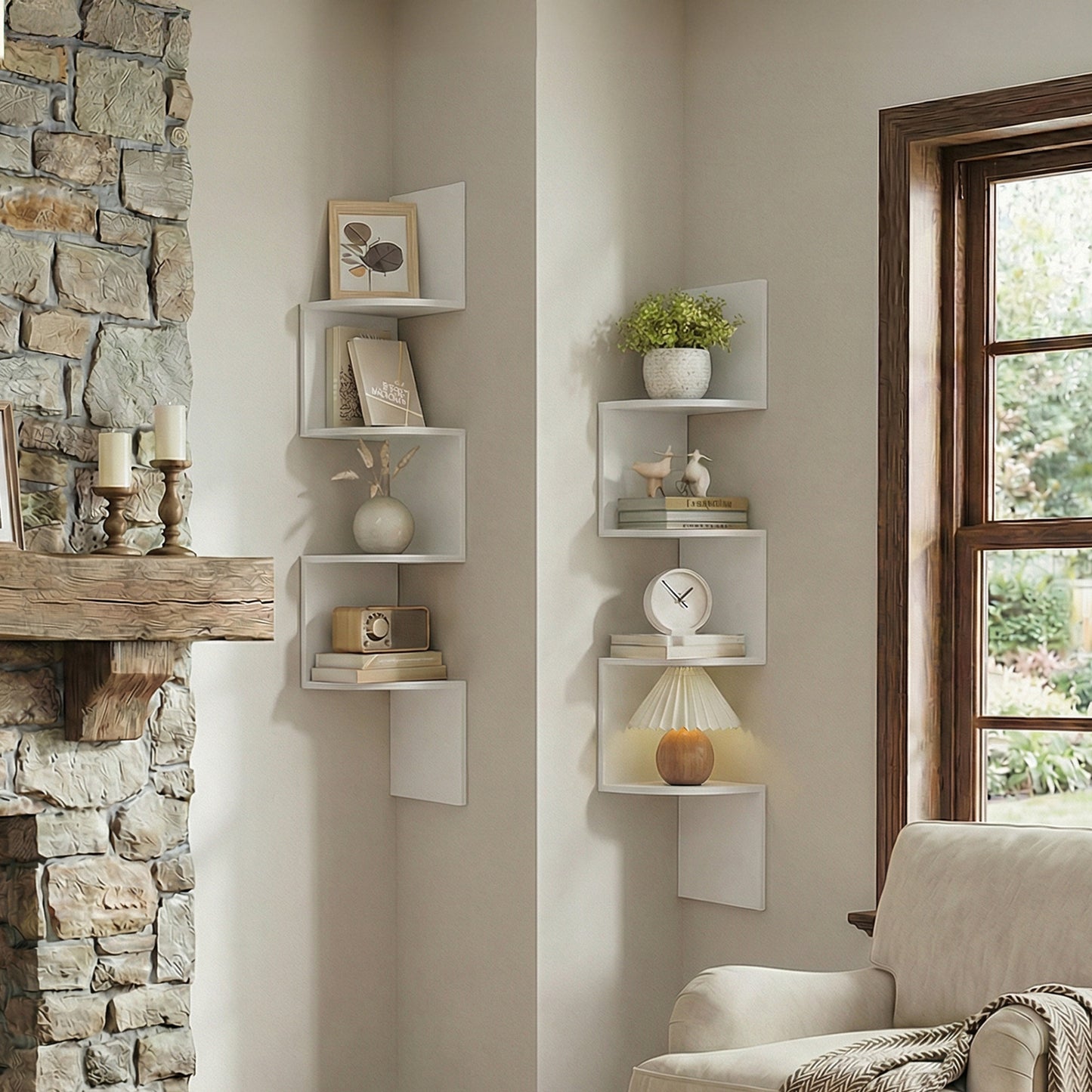Set of 2 Wall-Mounted Corner Shelves, 4-Tier Floating Bookshelves, Zigzag Design for Bedroom Living Room Bathroom Home Office, Cloud White
