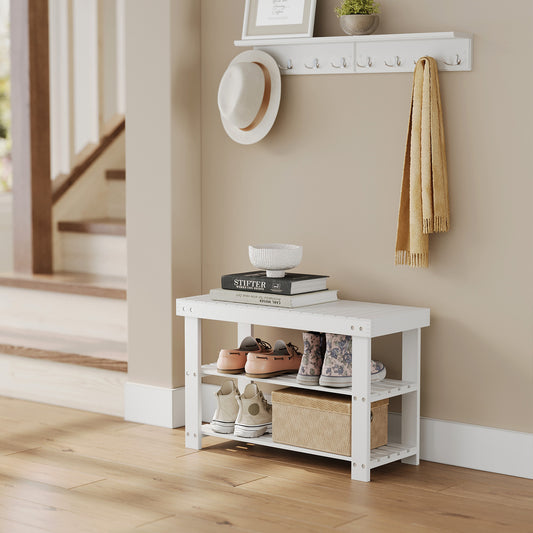 3-Tier Bamboo Shoe Rack Bench, Entryway Storage Organizer with 286lb Capacity, Multi-Use Shelf, Seat, Quick Assembly, Cloud White