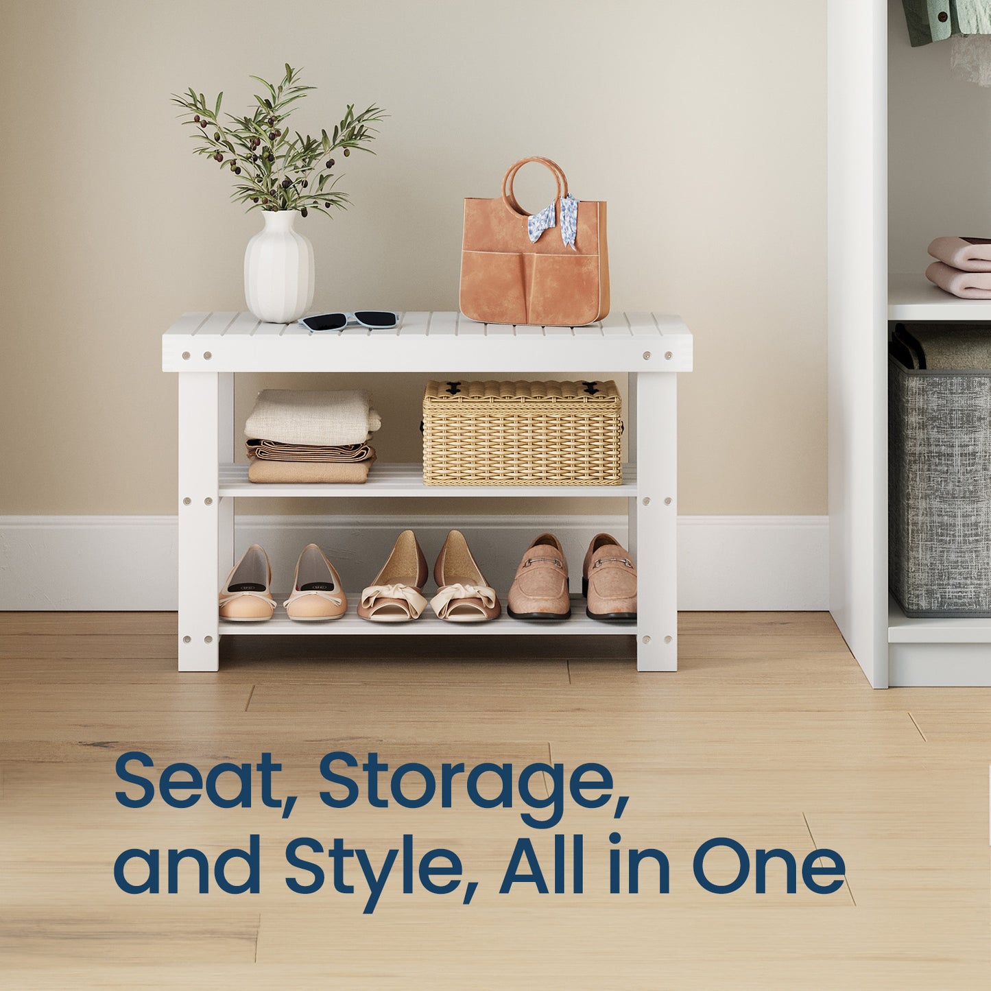 3-Tier Bamboo Shoe Rack Bench, Entryway Storage Organizer with 286lb Capacity, Multi-Use Shelf, Seat, Quick Assembly, Cloud White