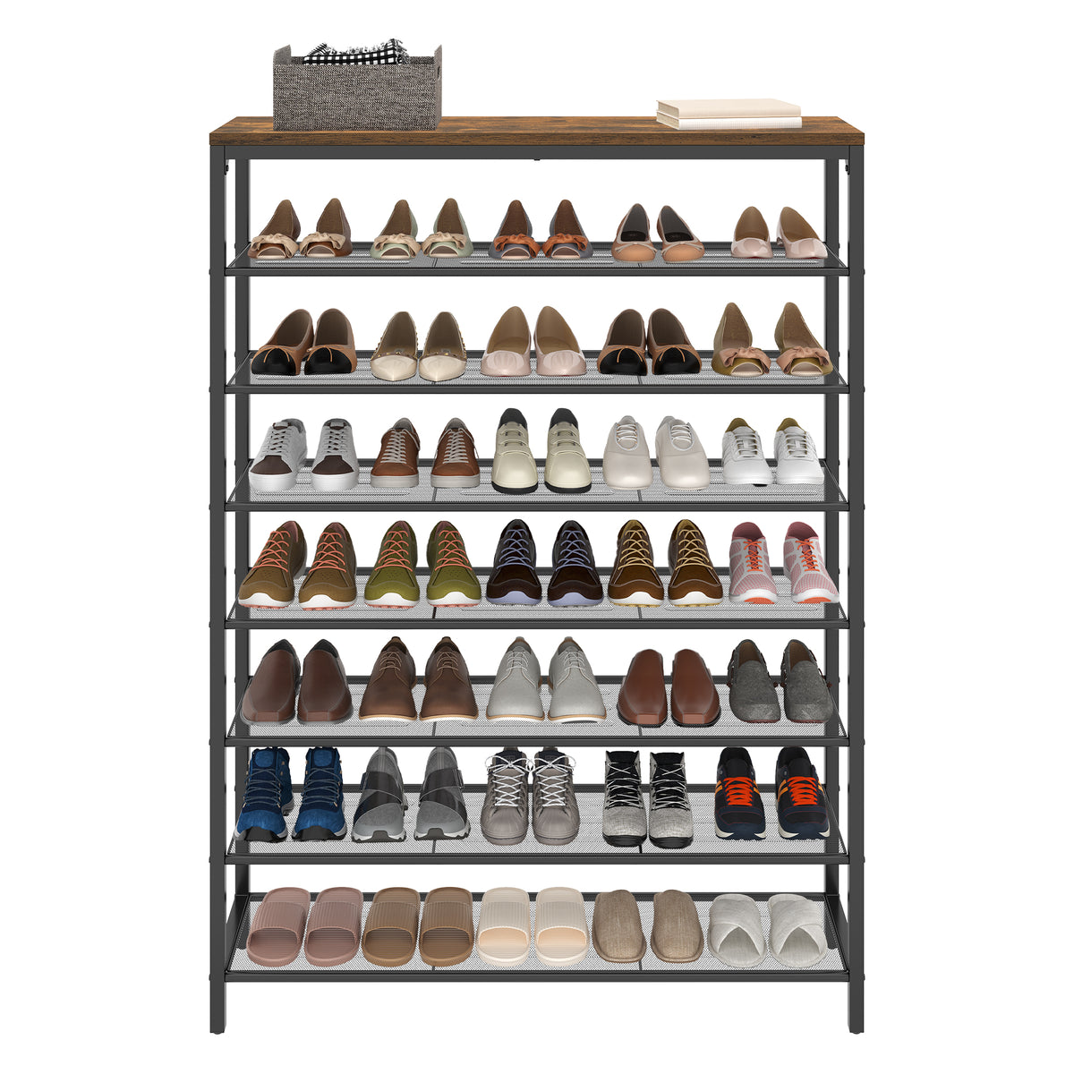 LEDREM 8 Tier Industrial Shoe Rack for Entryway, Steel Storage Organizer, 39.4 x 11.8 x 59.8 Inches, Rustic Brown and Black