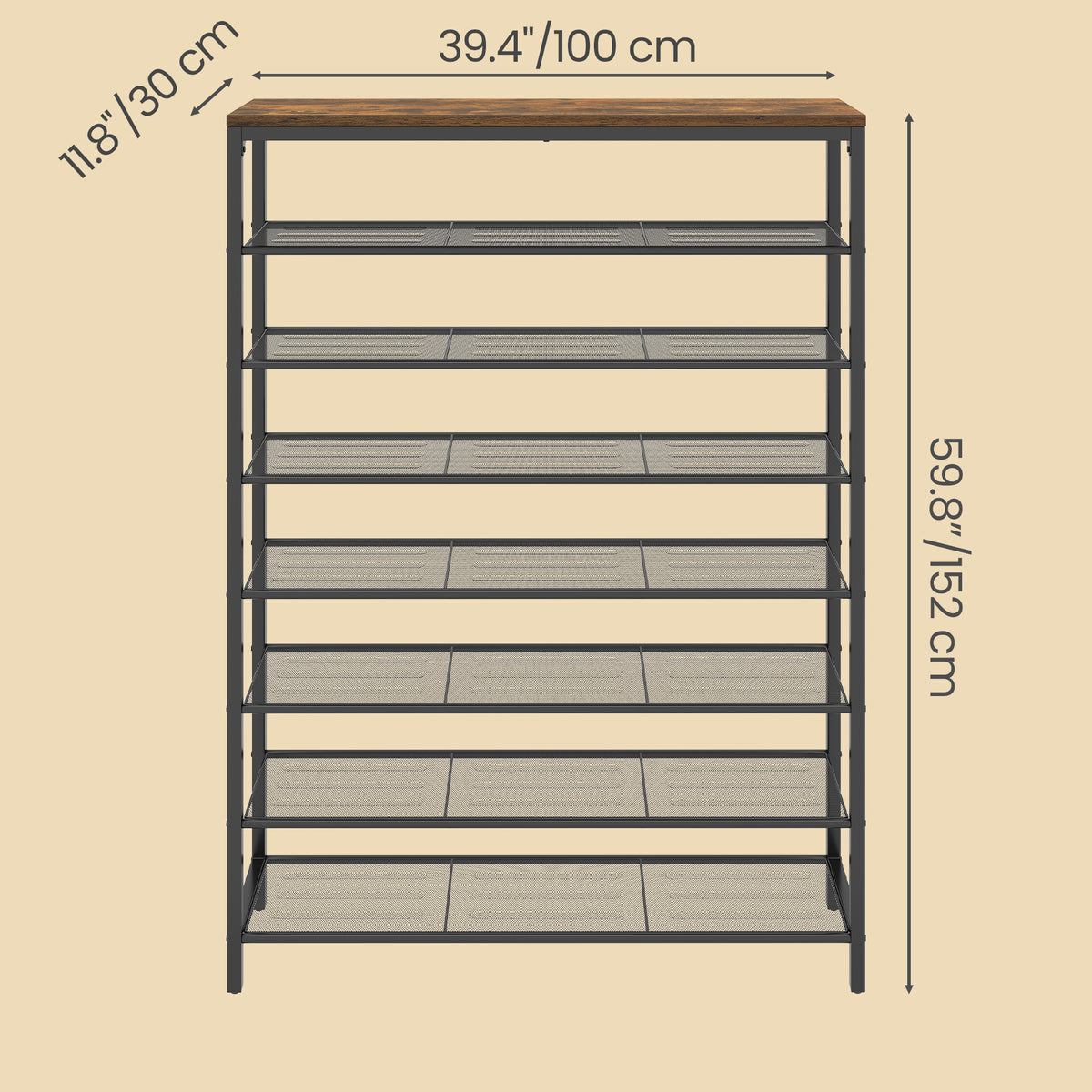 LEDREM 8 Tier Industrial Shoe Rack for Entryway, Steel Storage Organizer, 39.4 x 11.8 x 59.8 Inches, Rustic Brown and Black