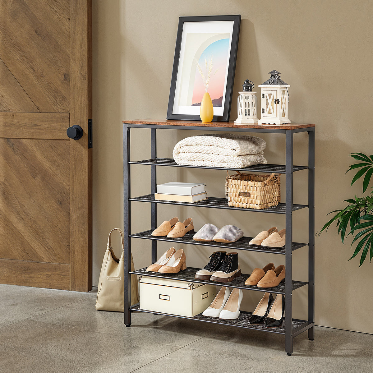 LEDREM 6 Tier Industrial Shoe Rack for Entryway, Steel, Particleboard Storage Organizer, 38.6 x 11.8 x 44.1 Inches, Tan and Black