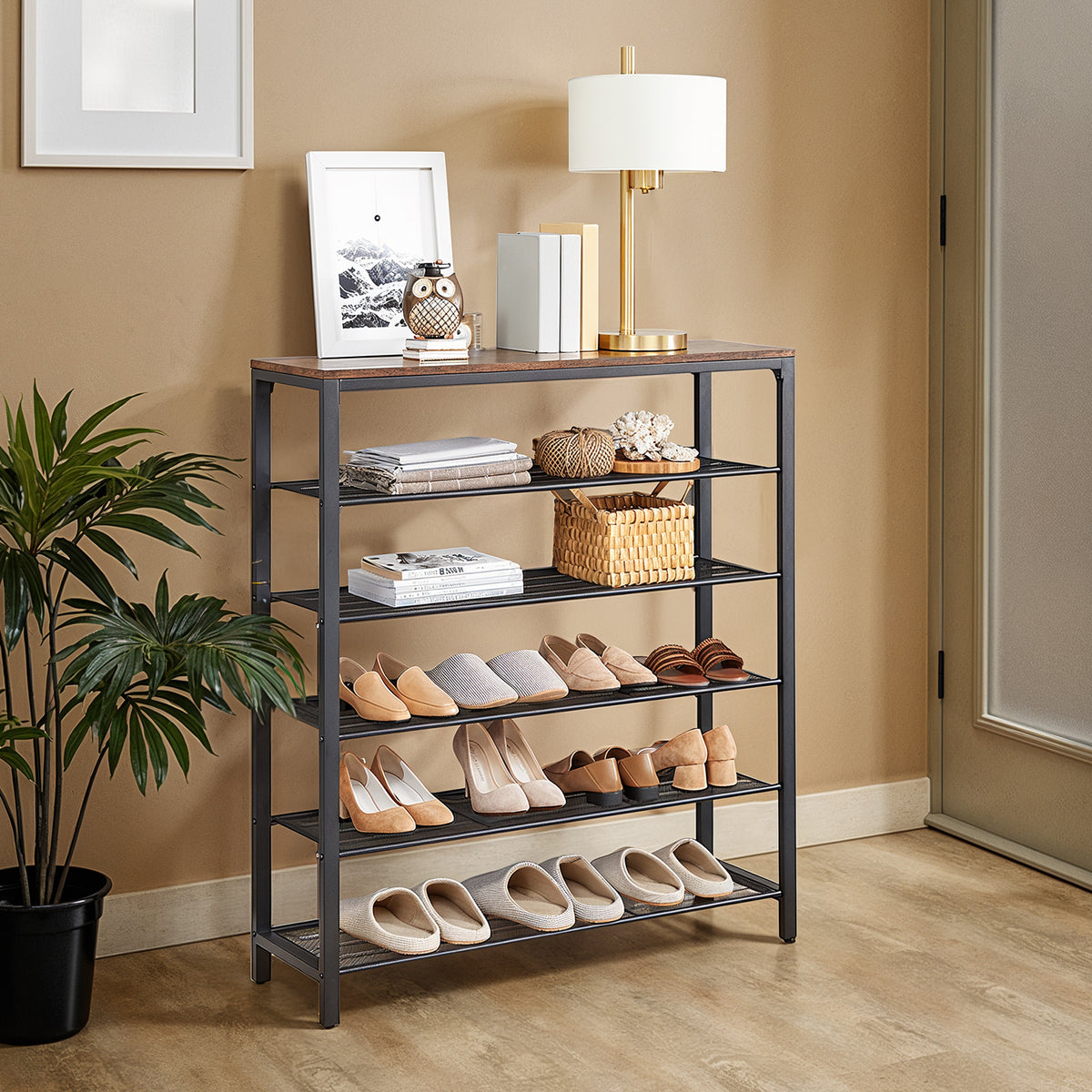 LEDREM 6 Tier Industrial Shoe Rack for Entryway, Steel, Particleboard Storage Organizer, 38.6 x 11.8 x 44.1 Inches, Tan and Black
