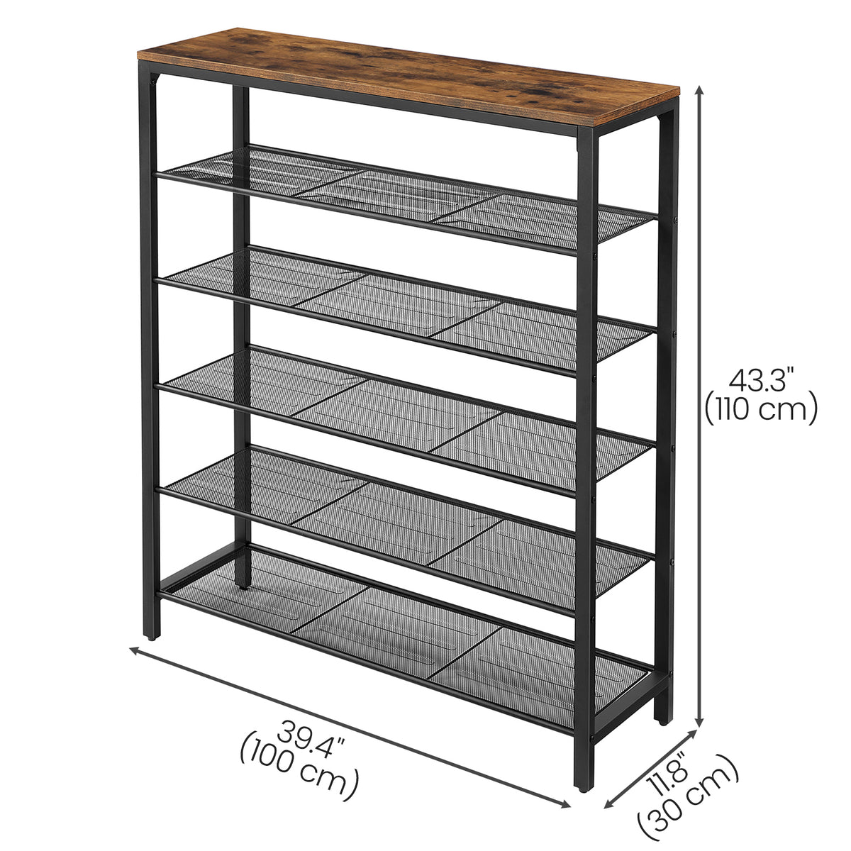 LEDREM 6 Tier Industrial Shoe Rack for Entryway, Steel, Particleboard Storage Organizer, 38.6 x 11.8 x 44.1 Inches, Tan and Black
