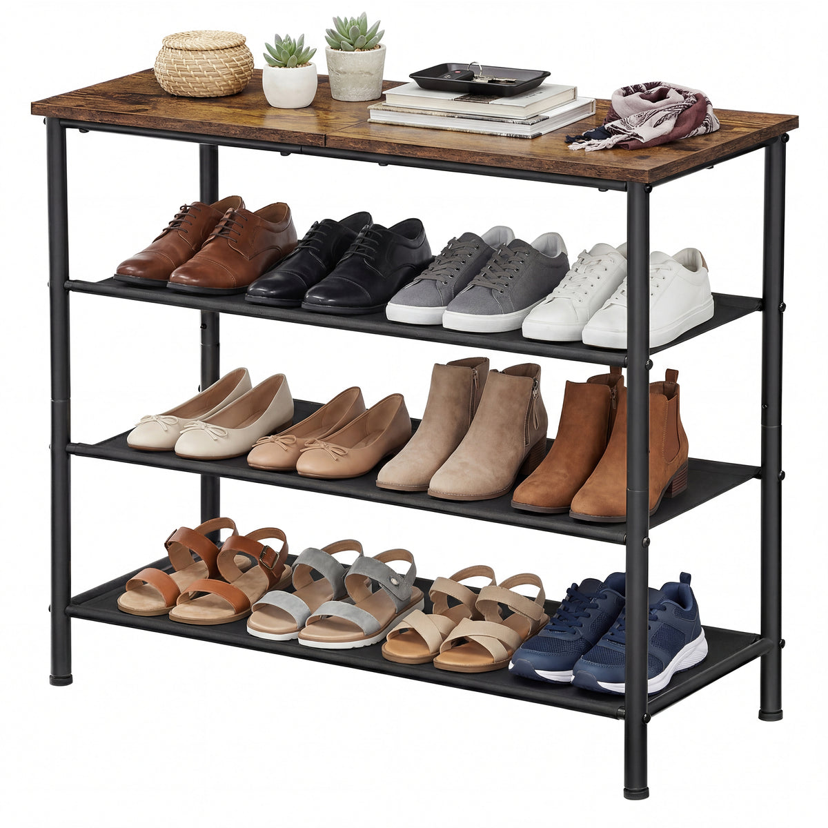 LEDREM Shoe Rack, 4-Tier Narrow Entryway Organizer with Wooden Top, 29.5 x 11.8 x 28 Inches, Rustic Brown and Black