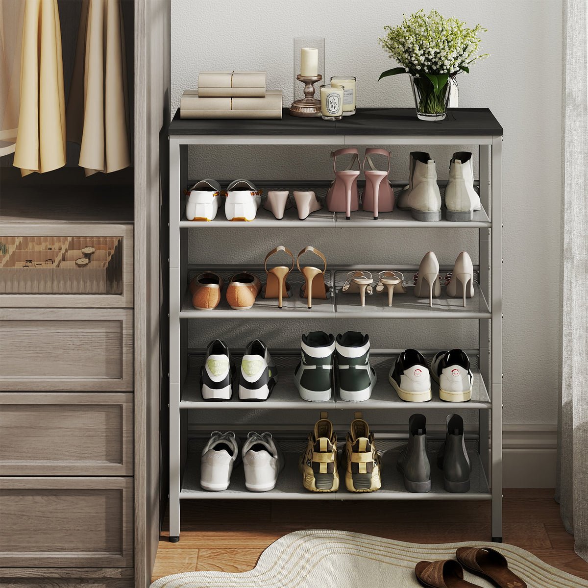 LEDREM 5-Tier Shoe Storage Shelf, Adjustable Freestanding Organizer Rack, for Entryway, Traditional basic, Gray