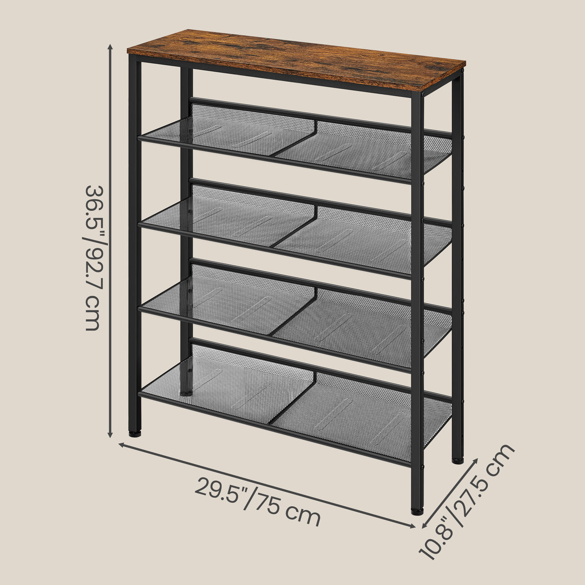 LEDREM 5-Tier Shoe Storage Shelf, Adjustable Freestanding Organizer Rack, for Entryway, Traditional basic, Tan and Black