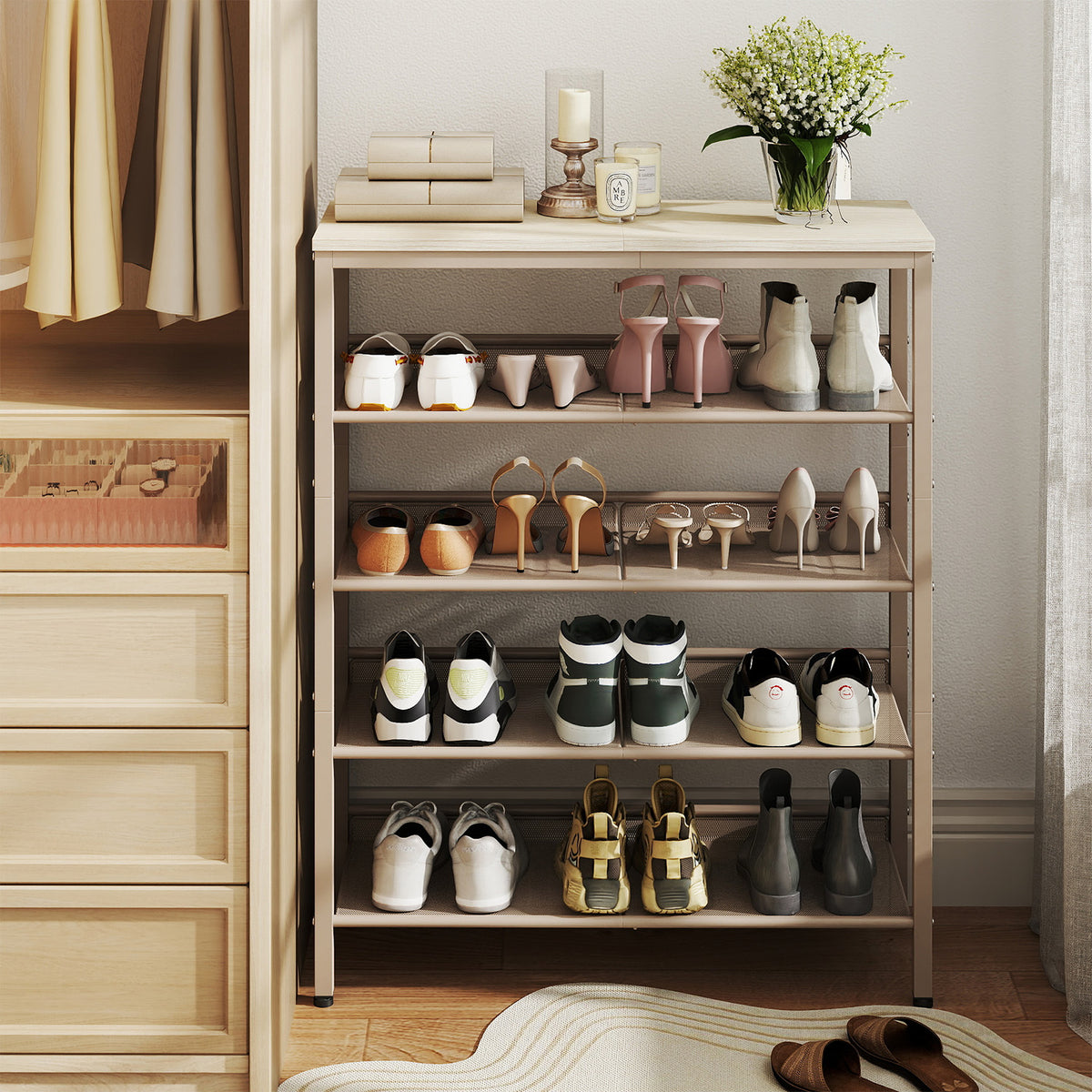 LEDREM Shoe Rack, 5 Tier Entryway Organizer with Adjustable Shelves, 29.5 x 10.8 x 36.5 Inches, Cappuccino Beige and Oatmeal Beige