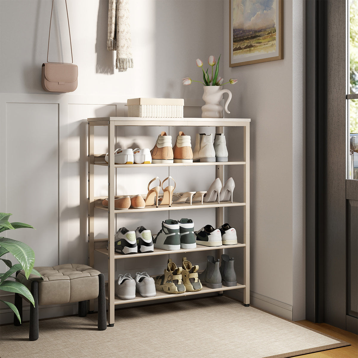 LEDREM Shoe Rack, 5 Tier Entryway Organizer with Adjustable Shelves, 29.5 x 10.8 x 36.5 Inches, Cappuccino Beige and Oatmeal Beige