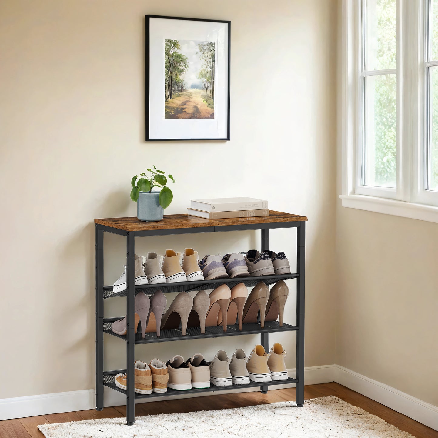 4-Tier Shoe Rack Organizer for Entryway, Adjustable Mesh Shelves, Freestanding, Heavy-Duty Steel & Particleboard, Holds 12-15 Pairs, Rustic Brown，Black