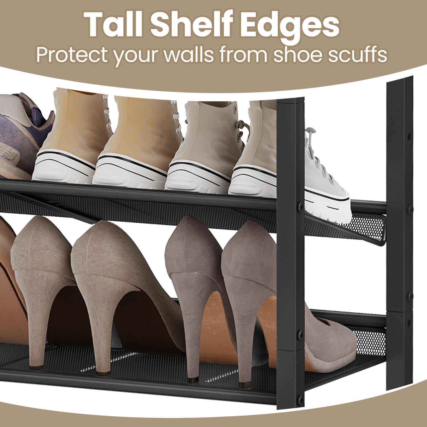 4-Tier Shoe Rack Organizer for Entryway, Adjustable Mesh Shelves, Freestanding, Heavy-Duty Steel & Particleboard, Holds 12-15 Pairs, Rustic Brown，Black