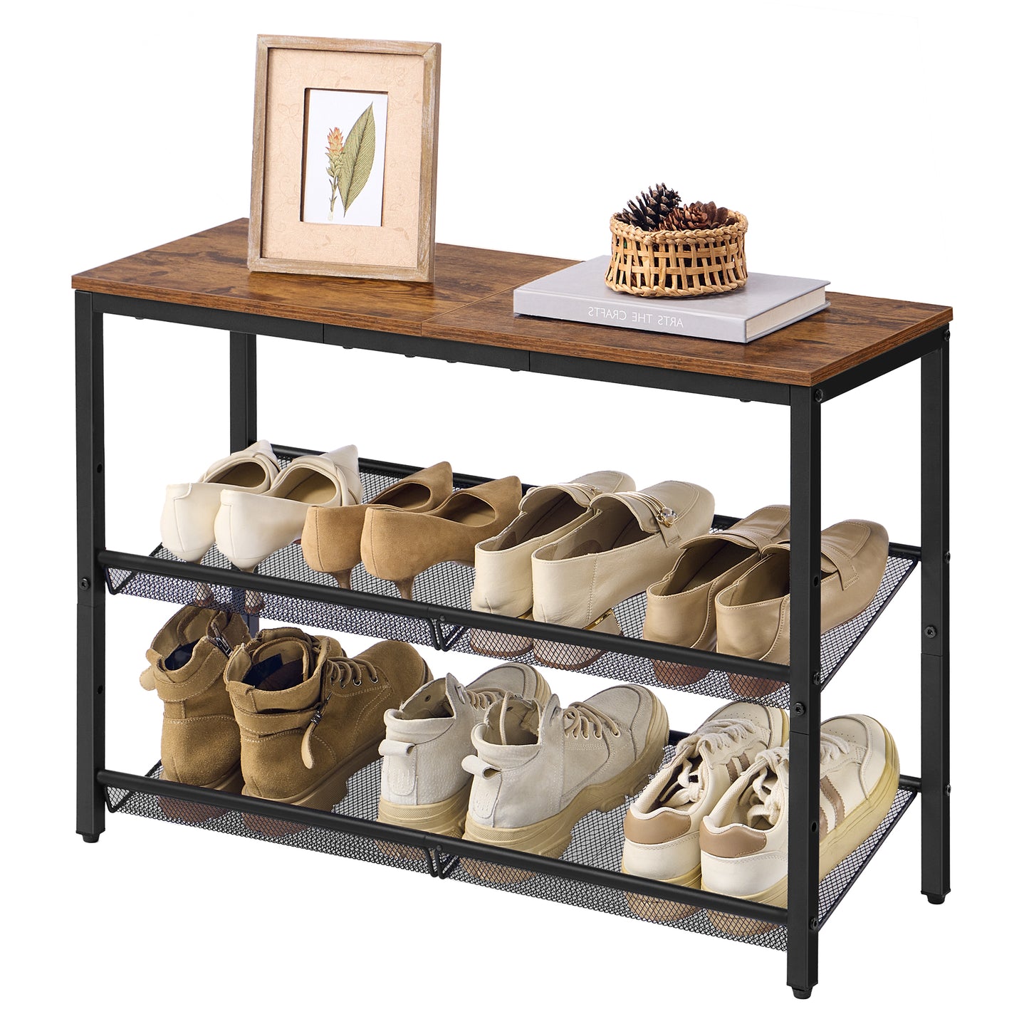3-Tier Shoe Rack for Entryway, Freestanding Adjustable Organizer with Storage Shelves, Industrial Style, Rustic Brown and Ink Black