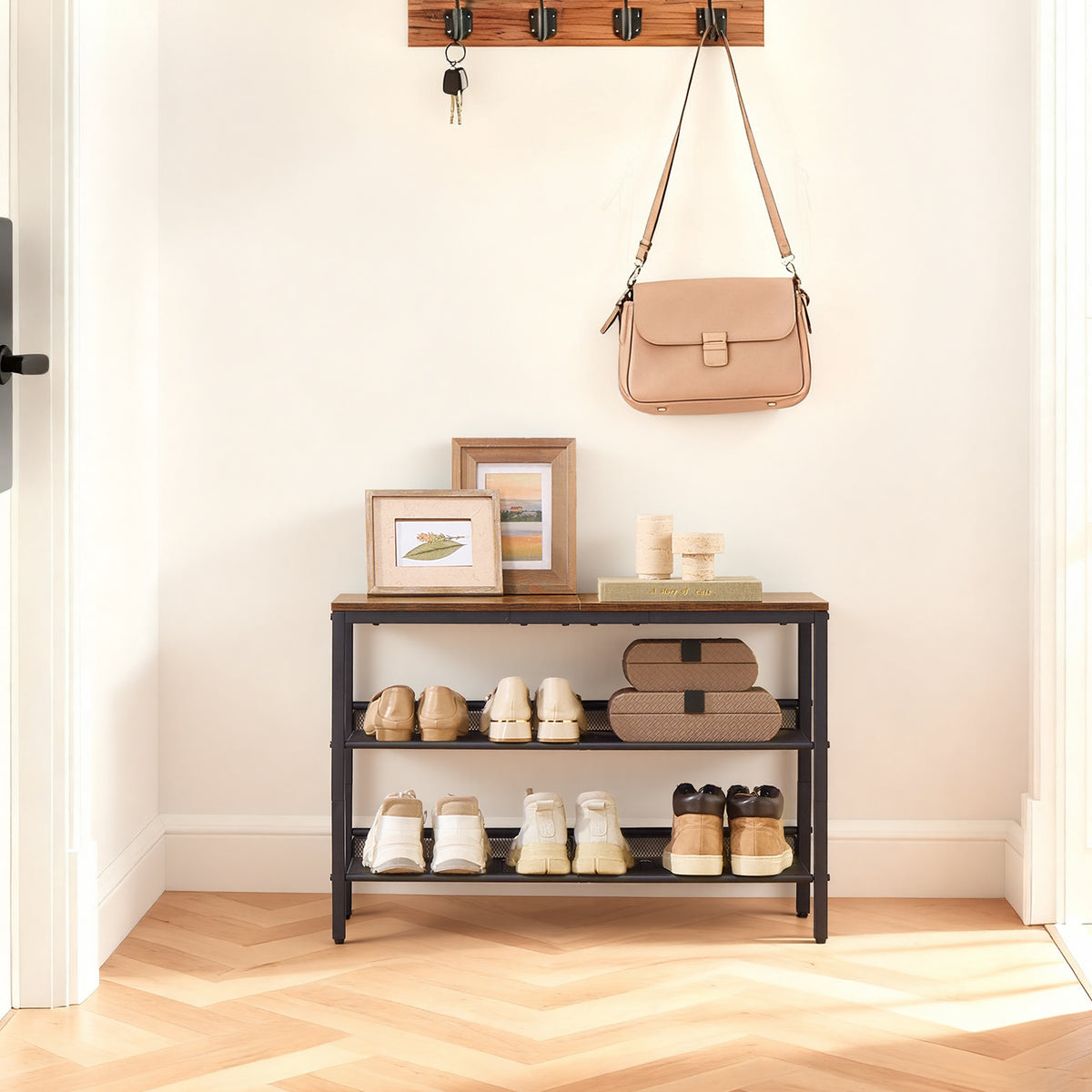 3-Tier Shoe Rack for Entryway, Freestanding Adjustable Organizer with Storage Shelves, Industrial Style, Rustic Brown and Ink Black