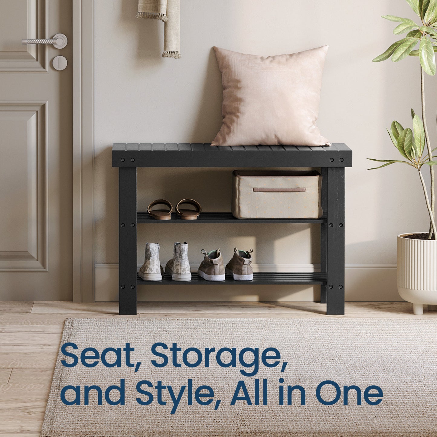 3-Tier Bamboo Shoe Rack Bench, Entryway Storage Organizer with 2 Shelves, Multi-Purpose Hallway Seat & Shelf, Holds 286lb, Easy Assembly, Ink Black