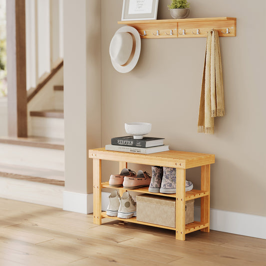 3-Tier Bamboo Shoe Bench Organizer, Multi-Functional Entryway Storage with Seat, 286lb Capacity, Quick Assembly, Natural