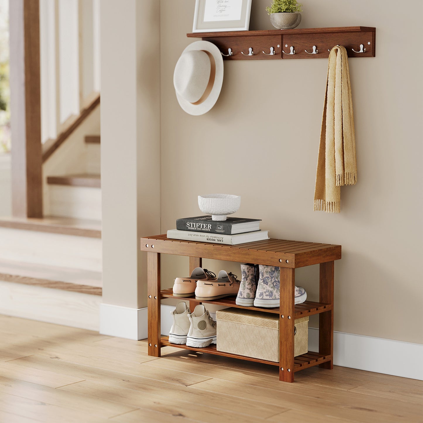 3-Tier Bamboo Shoe Rack Bench with Storage Shelf, 286lb Capacity Entryway Organizer for Hallway, Bedroom, Bathroom,Yellow Brown