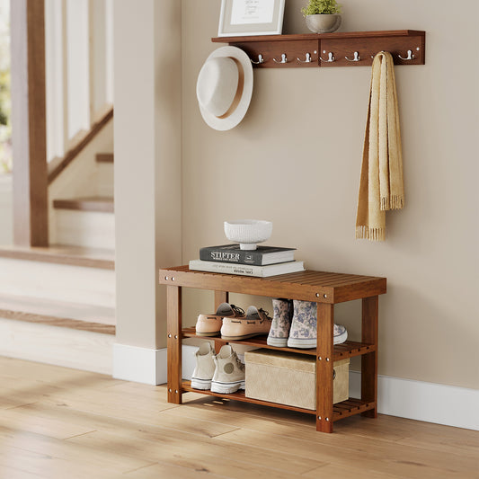 3-Tier Bamboo Shoe Rack Bench with Storage Shelf, 286lb Capacity Entryway Organizer for Hallway, Bedroom, Bathroom,Yellow Brown