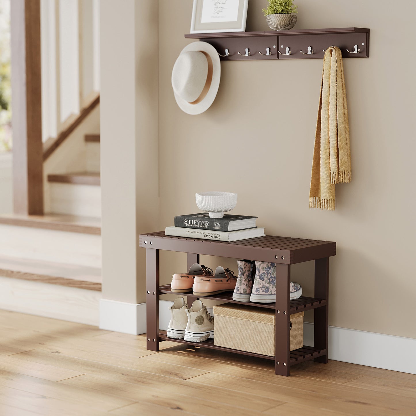 3-Tier Bamboo Shoe Rack Bench, Entryway Storage Organizer with 2 Shelves, Multi-Purpose Hallway Seat & Shelf, Holds 287lb, Easy Assembly, Brown