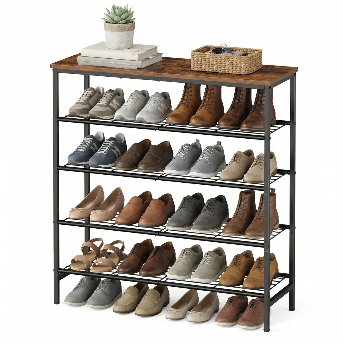 LEDREM 5-Tier Shoe Rack, Free-Standing Shoe Storage Rack, for Closet, Entryway, Living Room, Metal Organizer, Brown and Black