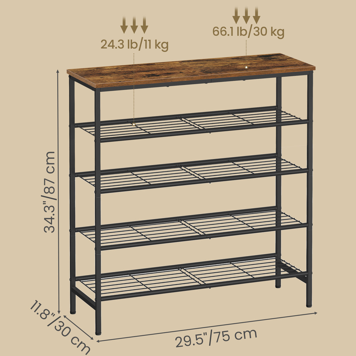 LEDREM 5-Tier Shoe Rack, Free-Standing Shoe Storage Rack, for Closet, Entryway, Living Room, Metal Organizer, Brown and Black