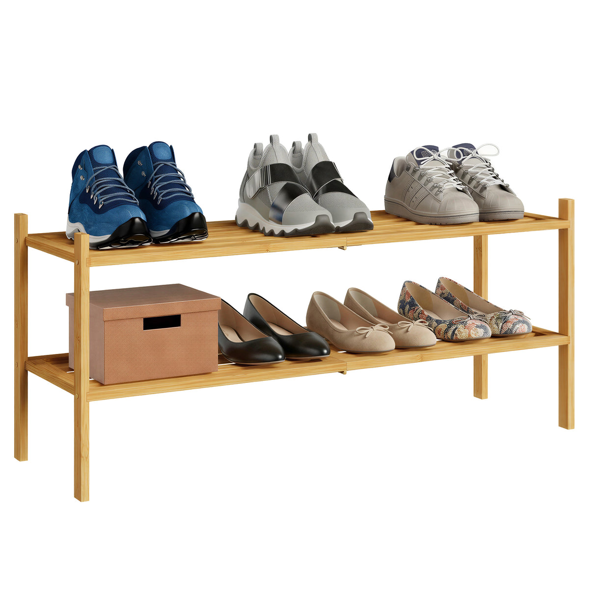 2-Tier Wooden Shoe Organizer, Stackable Shoe Rack, Modular Design, Space-Saving Shelf for Bedroom or Entryway, Natural