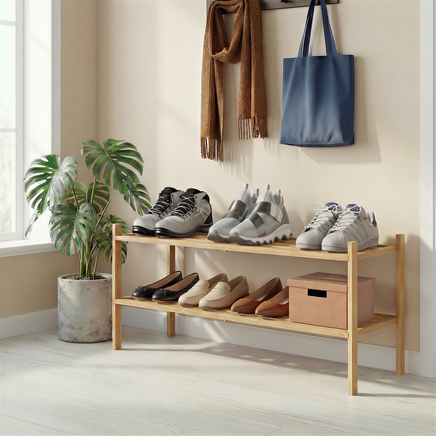 2-Tier Wooden Shoe Organizer, Stackable Shoe Rack, Modular Design, Space-Saving Shelf for Bedroom or Entryway, Natural