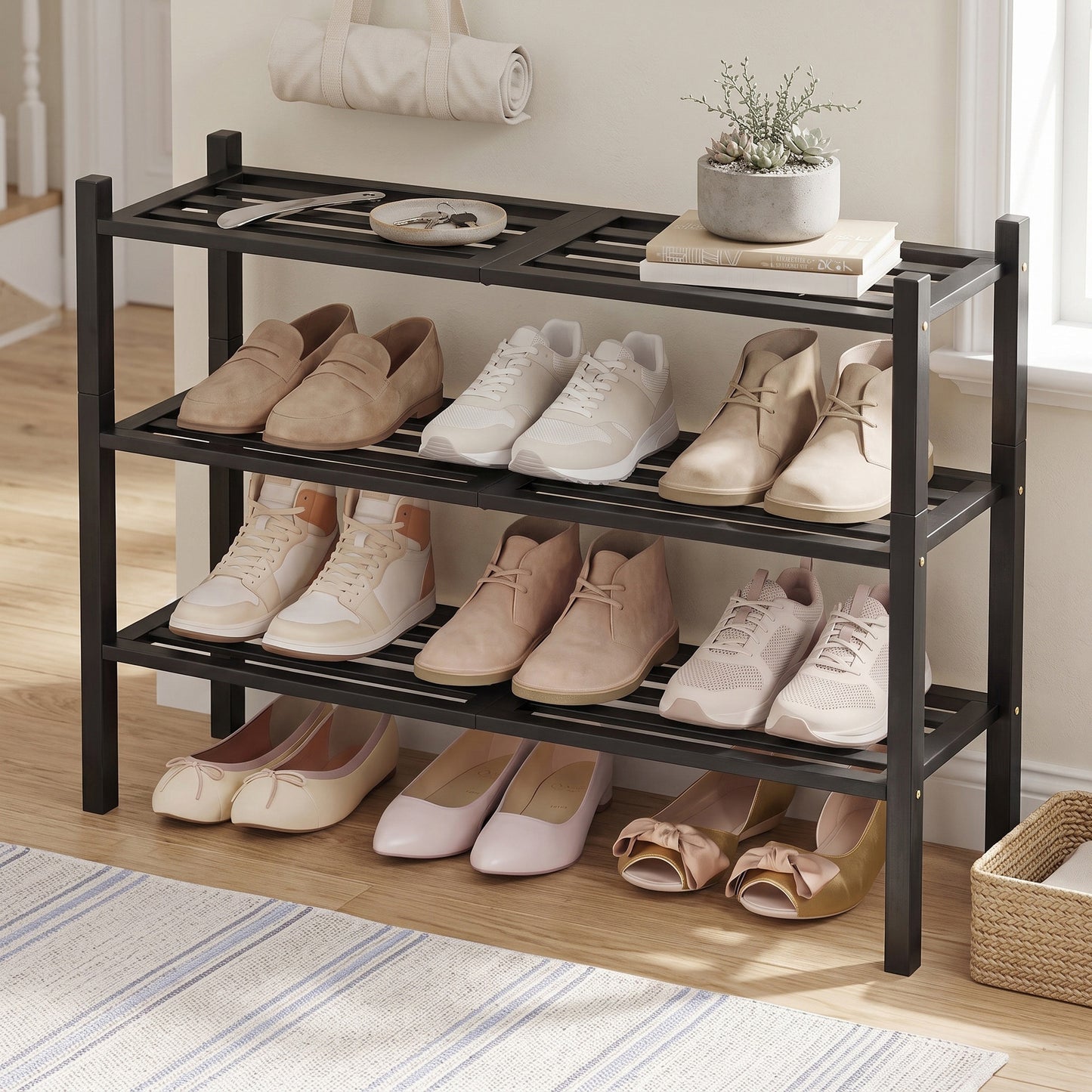3-Tier Wooden Shoe Organizer, Stackable Shoe Rack, Modular Design, Space-Saving Shelf for Bedroom or Entryway, Black