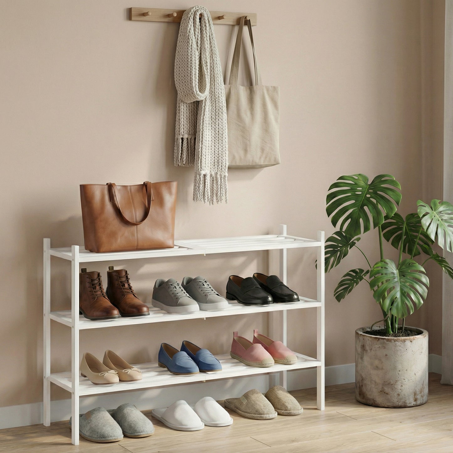 3-Tier Stackable Bamboo Shoe Rack, Space-Saving Freestanding Organizer for Entryway Closet, Holds 12-16 Pairs, Cloud White