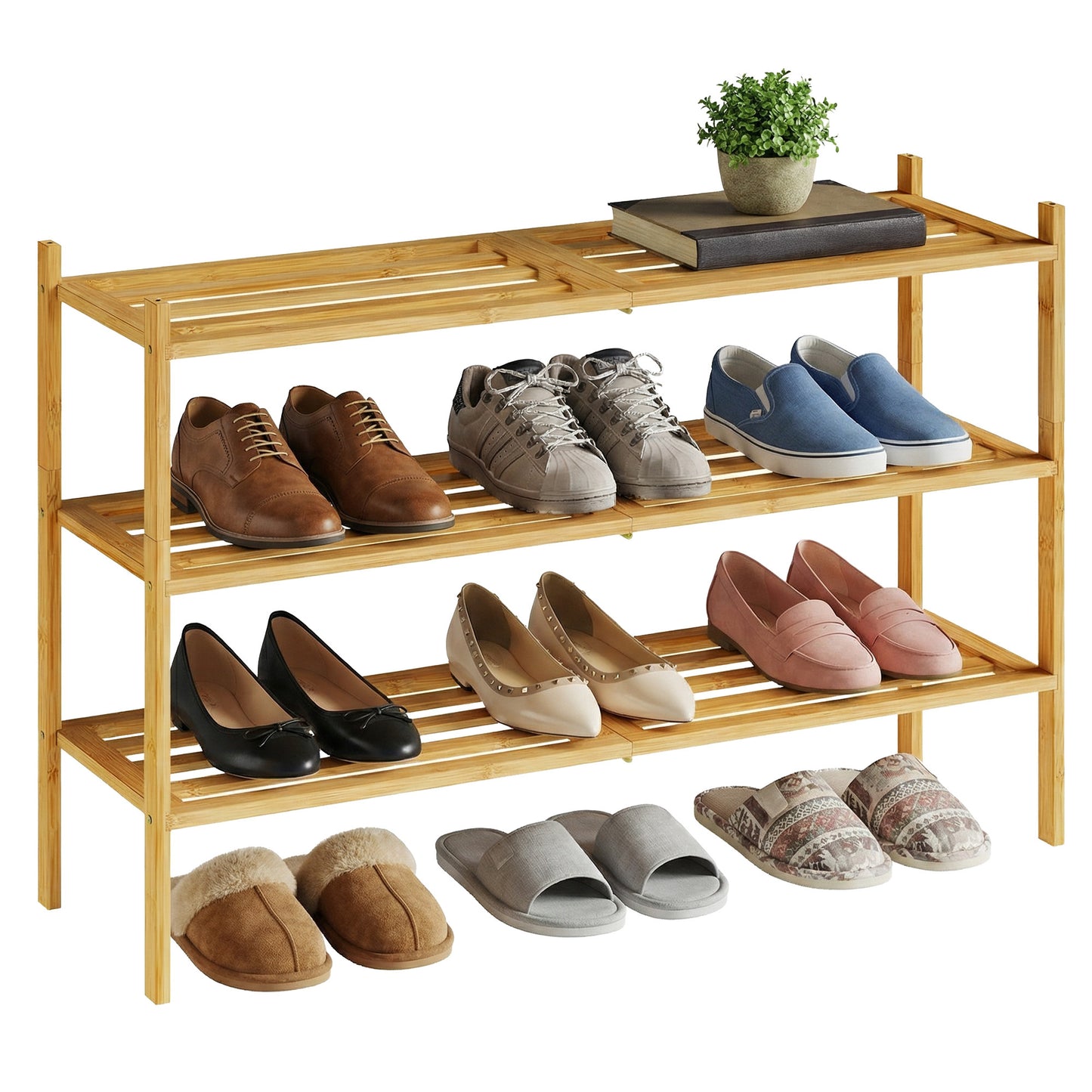 3-Tier Bamboo Shoe Organizer, Stackable Shoe Rack, Modular Design, Space-Saving Shelf for Bedroom or Entryway, Yellow