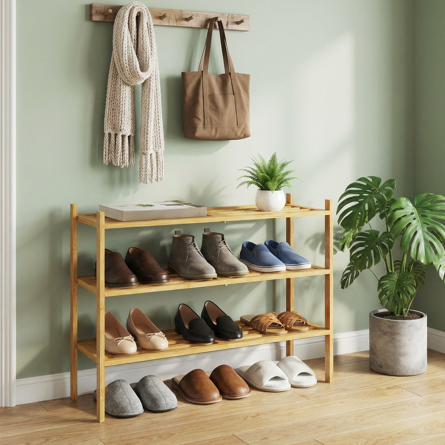 3-Tier Bamboo Shoe Organizer, Stackable Shoe Rack, Modular Design, Space-Saving Shelf for Bedroom or Entryway, Yellow