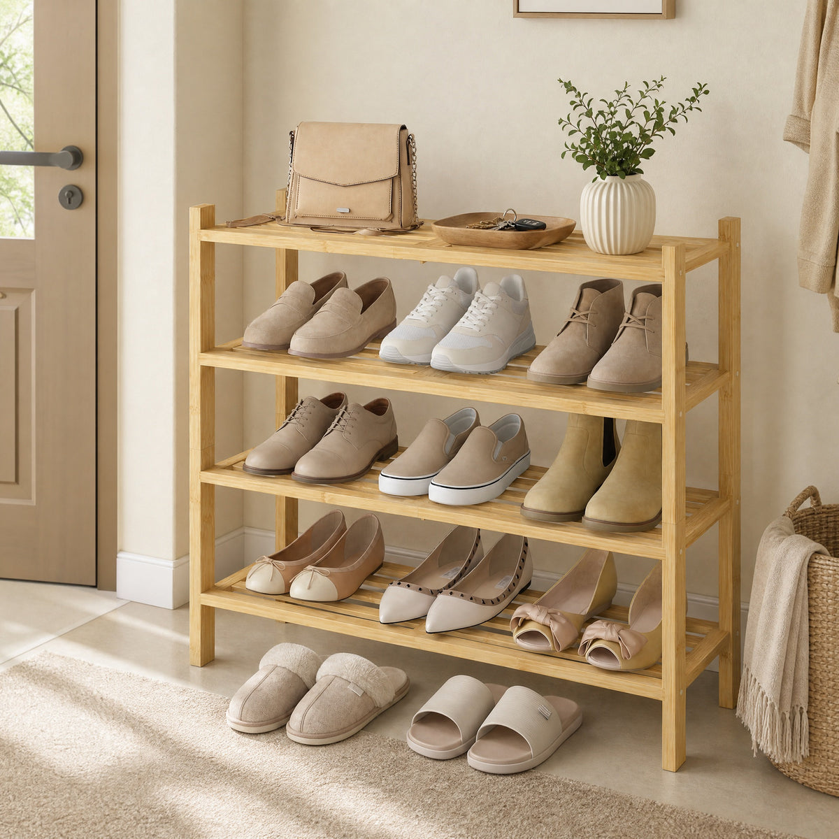 LEDREM 4-Tier Bamboo Shoe Organizer, Stackable Shoe Rack, Modular Design, Space-Saving Shelf for Bedroom or Entryway, Yellow