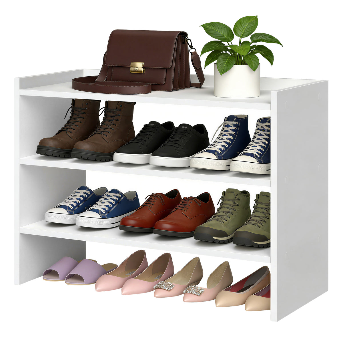 LEDREM Stackable 3-Tier Shoe Organizer Shelf for Entryway, Closet, 11.7 x 24.4 x 21.3 Inches, White