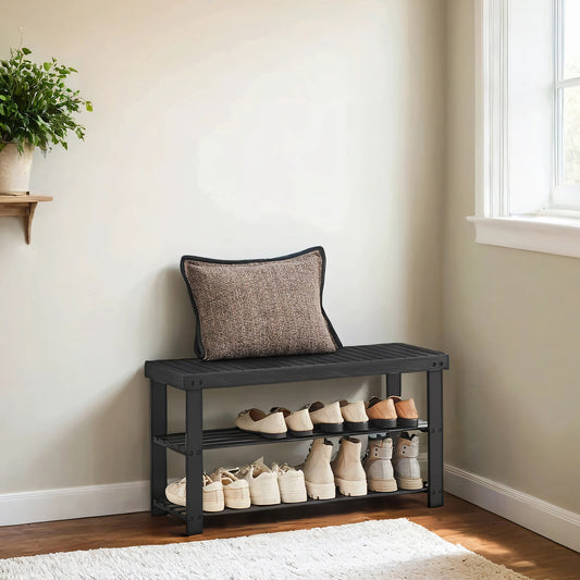 3-Tier Shoe Rack Bench with Seat, Bamboo Shoe Shelf Organizer for Entryway Bathroom Bedroom, Black