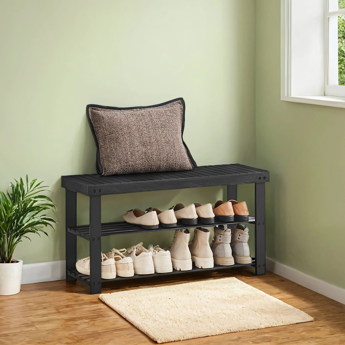 3-Tier Shoe Rack Bench with Seat, Bamboo Shoe Shelf Organizer for Entryway Bathroom Bedroom, Black